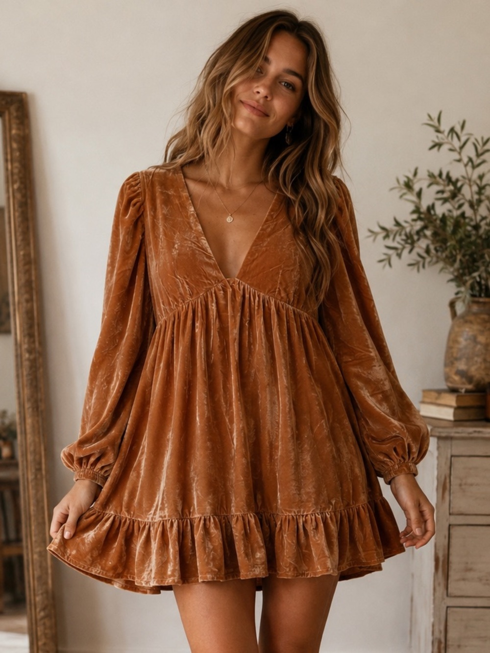 Free People Burnt Orange Velvet V-Neck Ruffle Babydoll Tunic